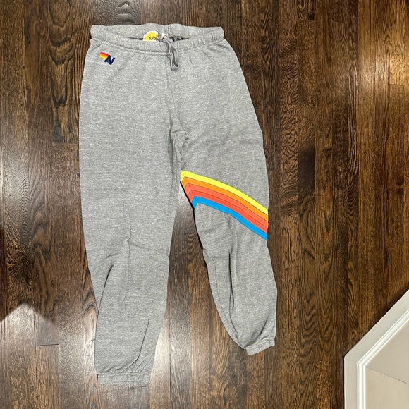 Aviator Nation Gray sweatpants with 5 neon stripes wrapped around left leg - Picture 2 of 3
